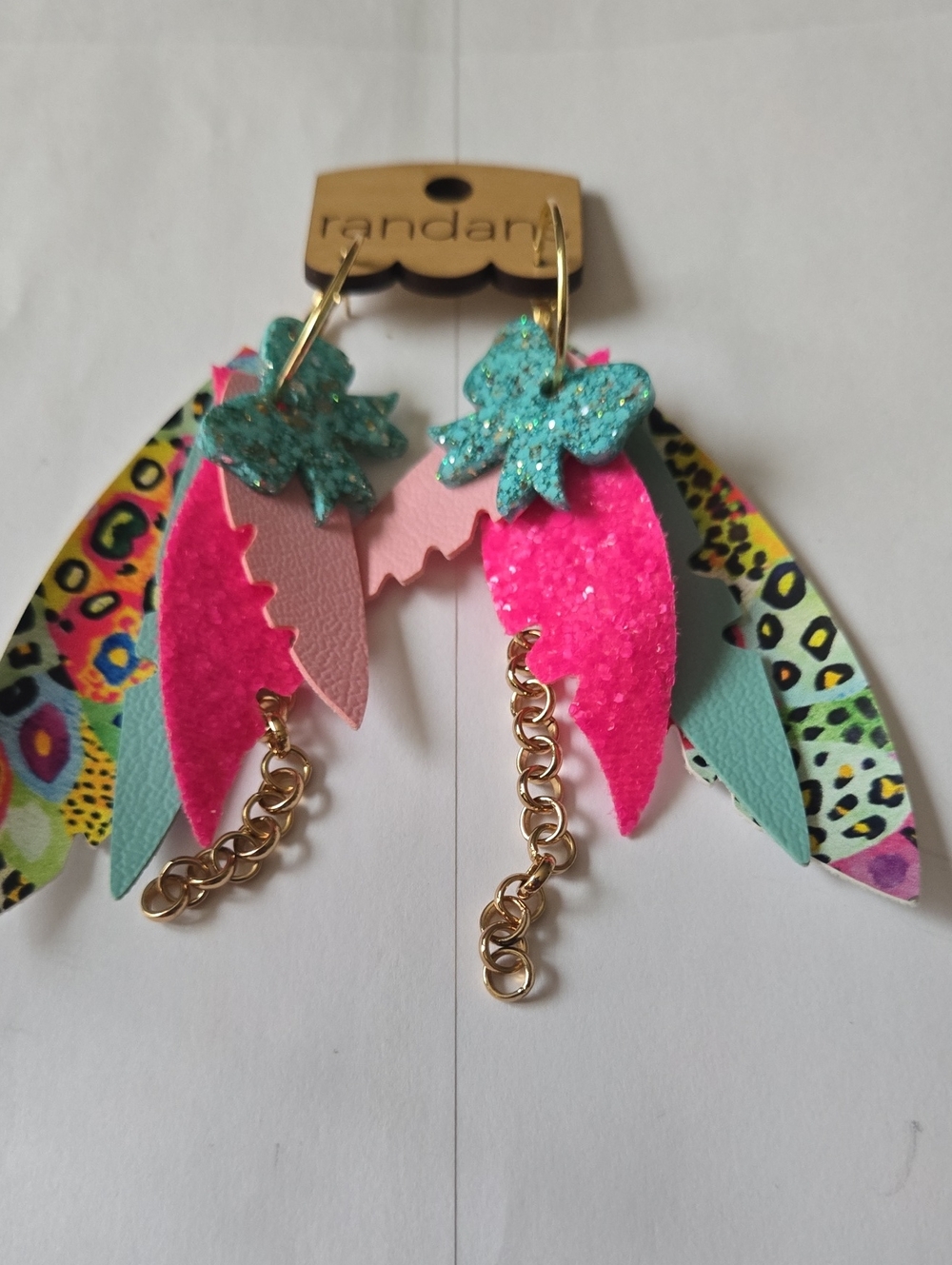 Western Animal Print  Pink & Teal Layered Feather Earrings With Bling Bows! NWT